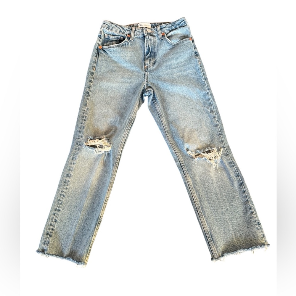Zara Womens Jeans Size 4 Blue Straight Cropped High Rise Distressed Fray Hem